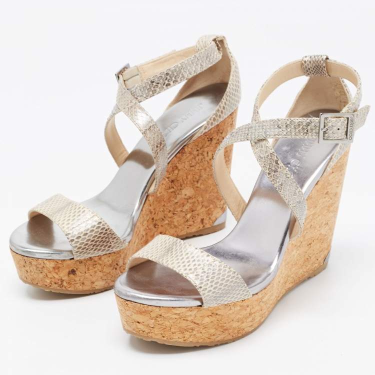 Pre Owned Jimmy Choo Metallic Snakeskin Wedge Ankle Strap Sandals Size 39