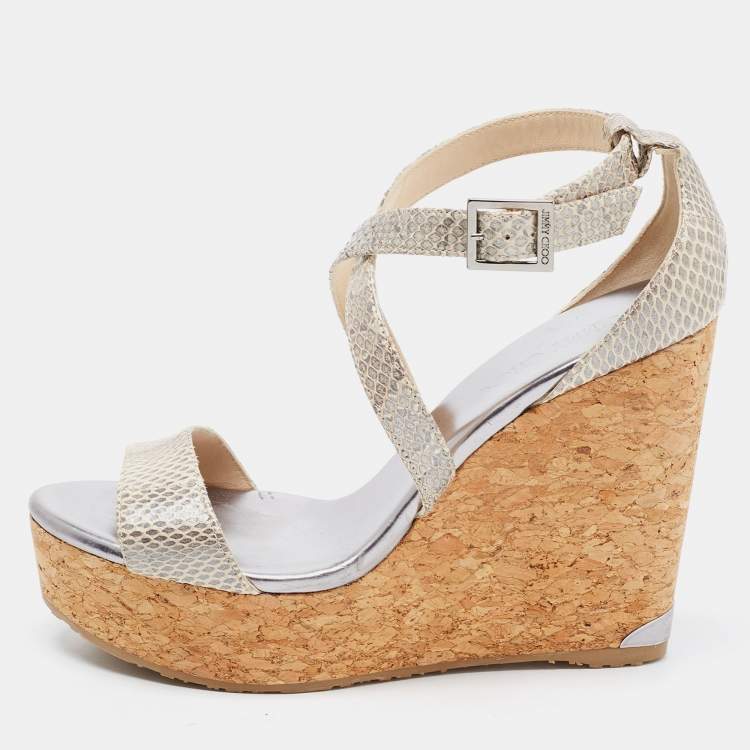 Pre Owned Jimmy Choo Metallic Snakeskin Wedge Ankle Strap Sandals Size 39