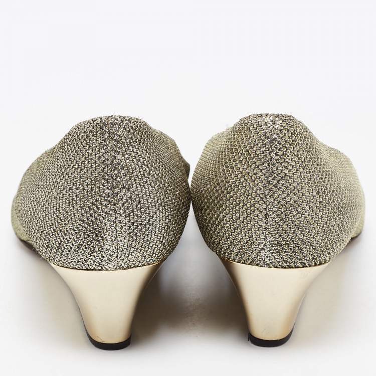 Pre Owned Jimmy Choo Metallic Gold Glitter Fabric Baxen Peep Toe Wedges Pumps Size 37