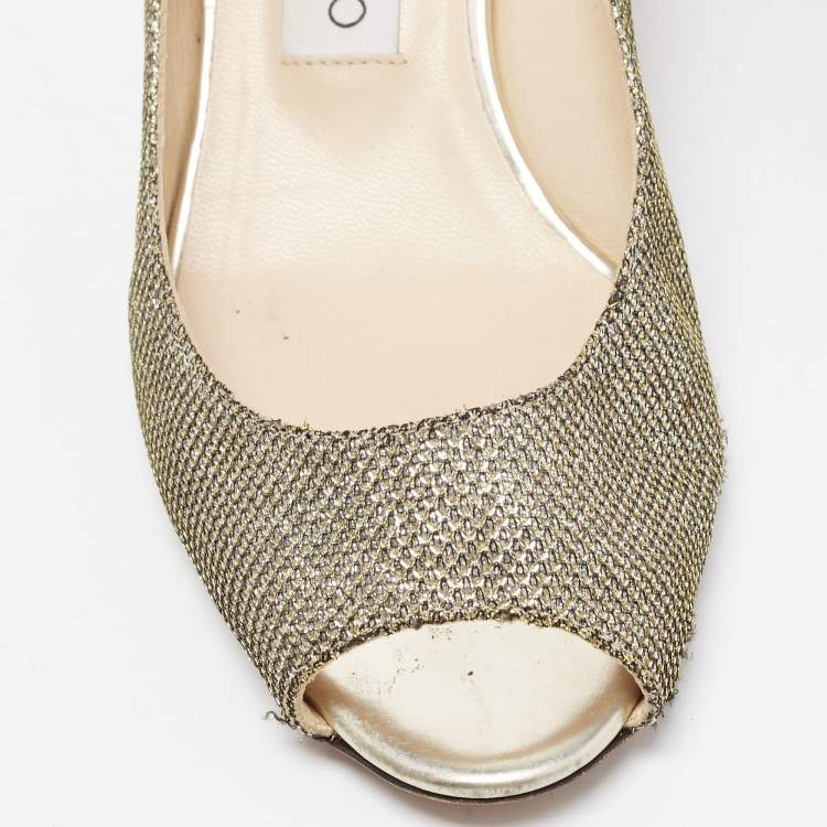 Pre Owned Jimmy Choo Metallic Gold Glitter Fabric Baxen Peep Toe Wedges Pumps Size 37