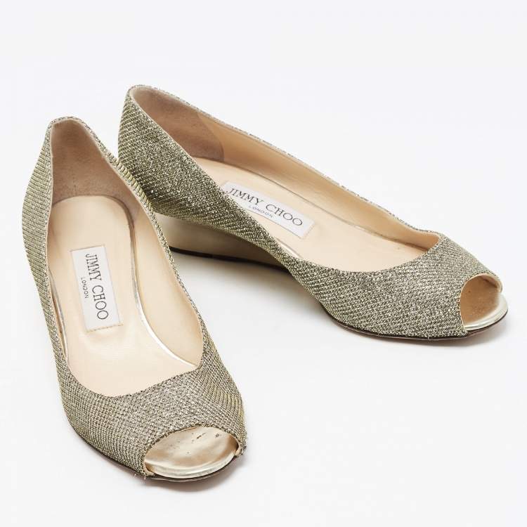 Pre Owned Jimmy Choo Metallic Gold Glitter Fabric Baxen Peep Toe Wedges Pumps Size 37