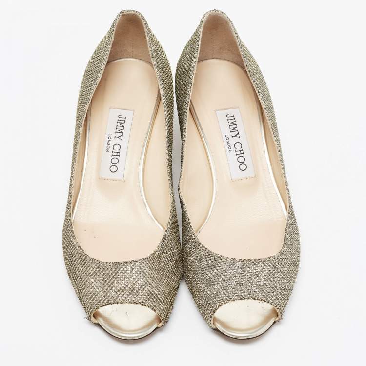 Pre Owned Jimmy Choo Metallic Gold Glitter Fabric Baxen Peep Toe Wedges Pumps Size 37
