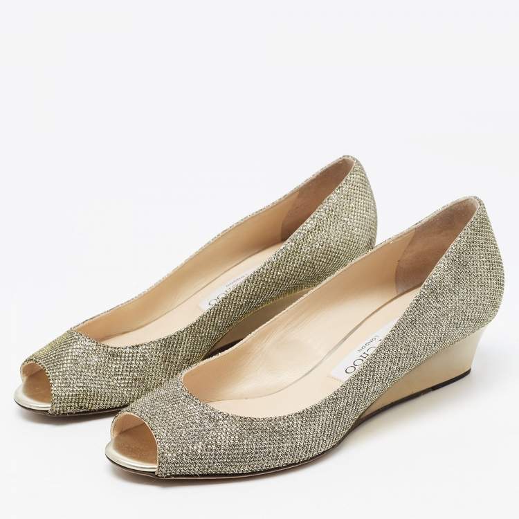 Pre Owned Jimmy Choo Metallic Gold Glitter Fabric Baxen Peep Toe Wedges Pumps Size 37