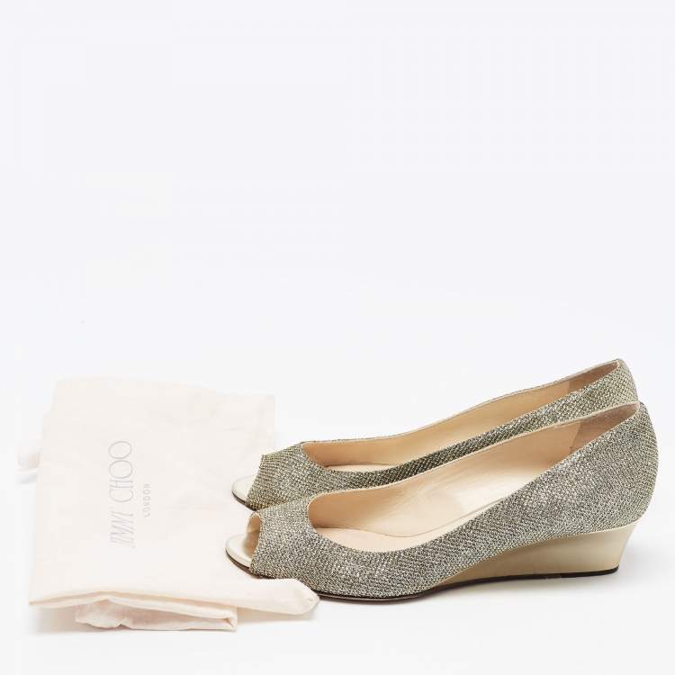 Pre Owned Jimmy Choo Metallic Gold Glitter Fabric Baxen Peep Toe Wedges Pumps Size 37