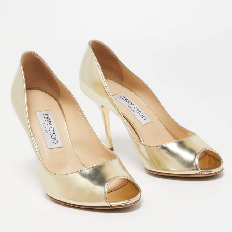 Pre Owned Jimmy Choo Gold Leather Evelyn Peep Toe Pumps Size 38.5