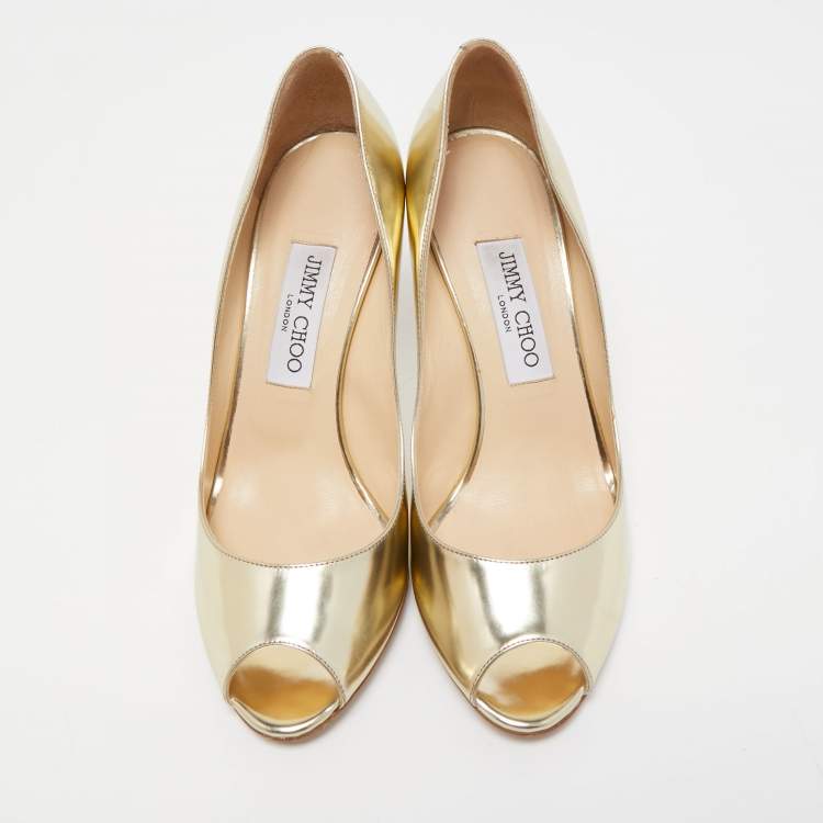 Pre Owned Jimmy Choo Gold Leather Evelyn Peep Toe Pumps Size 38.5