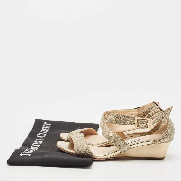 Pre Owned Jimmy Choo Gold Glitter Crisscross  Wedge Sandals Size 34