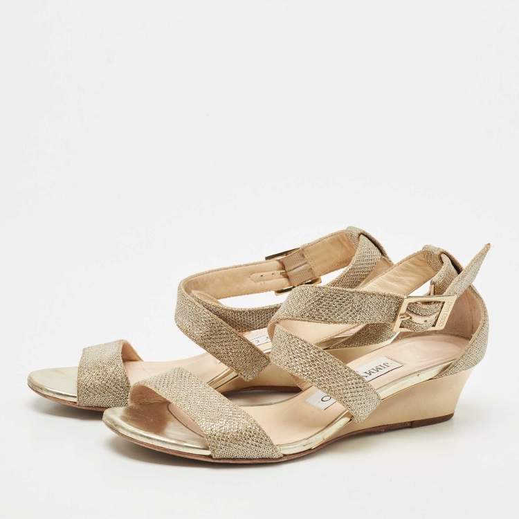 Pre Owned Jimmy Choo Gold Glitter Crisscross  Wedge Sandals Size 34