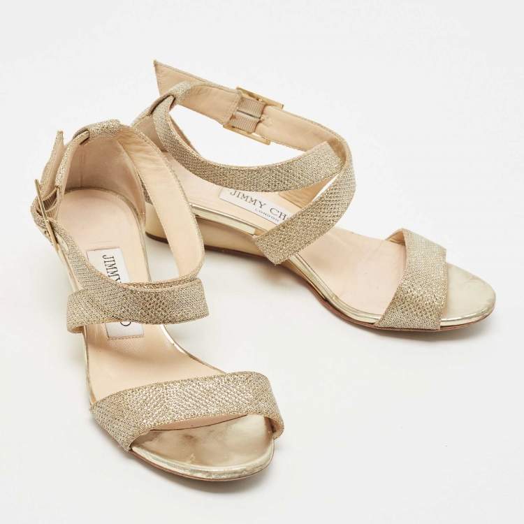 Pre Owned Jimmy Choo Gold Glitter Crisscross  Wedge Sandals Size 34