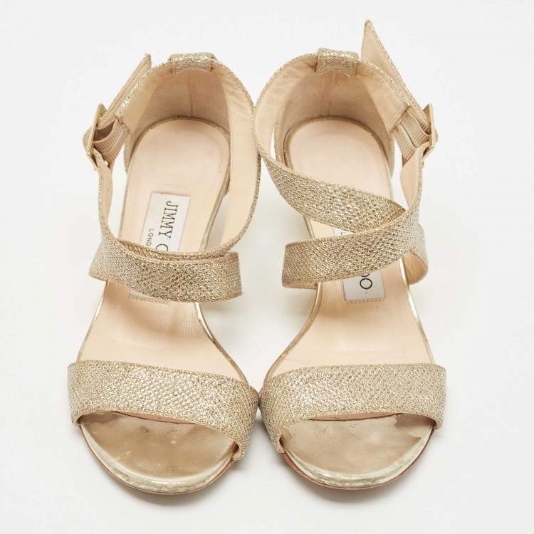 Pre Owned Jimmy Choo Gold Glitter Crisscross  Wedge Sandals Size 34