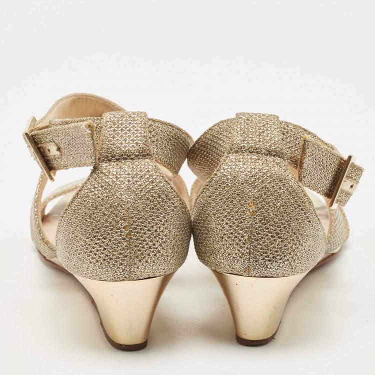 Pre Owned Jimmy Choo Gold Glitter Crisscross  Wedge Sandals Size 34