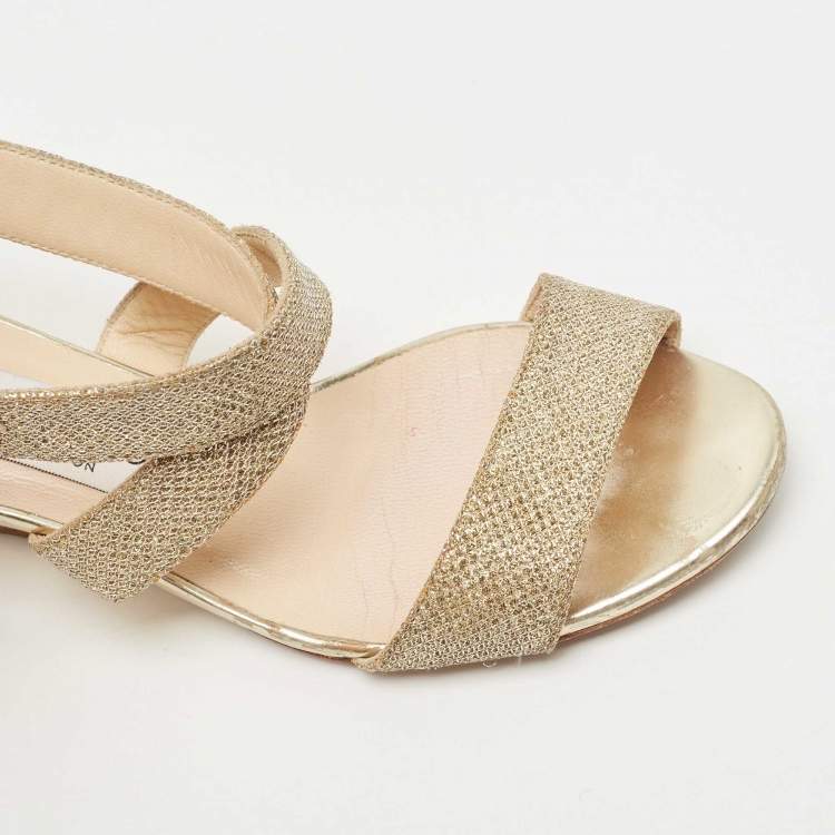 Pre Owned Jimmy Choo Gold Glitter Crisscross  Wedge Sandals Size 34