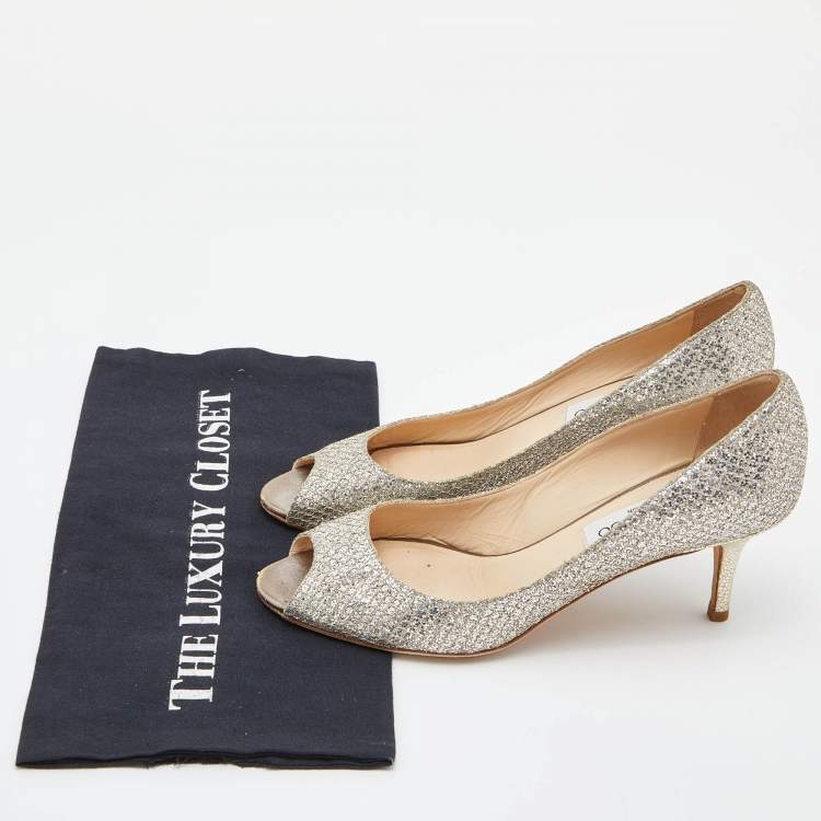 Pre Owned Jimmy Choo Gold Lurex Fabric Evelyn Open Toe Pumps Size 37.5