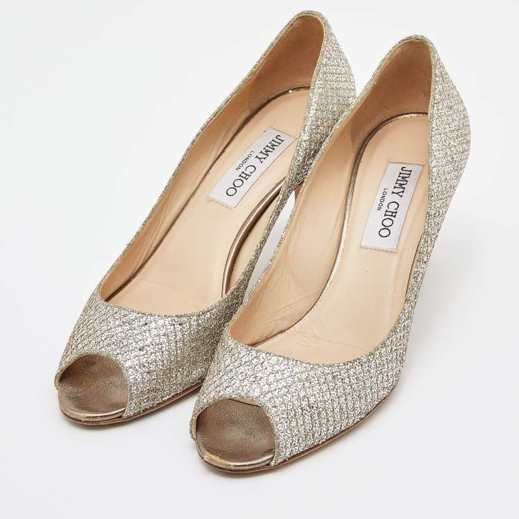 Pre Owned Jimmy Choo Gold Lurex Fabric Evelyn Open Toe Pumps Size 37.5