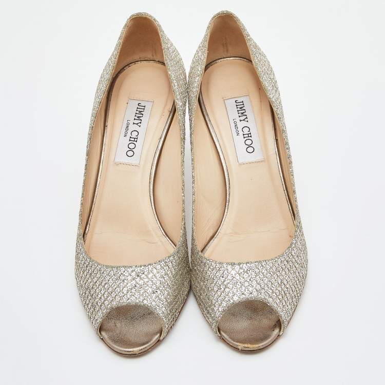 Pre Owned Jimmy Choo Gold Lurex Fabric Evelyn Open Toe Pumps Size 37.5