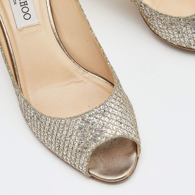 Pre Owned Jimmy Choo Gold Lurex Fabric Evelyn Open Toe Pumps Size 37.5