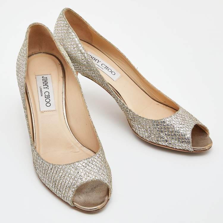 Pre Owned Jimmy Choo Gold Lurex Fabric Evelyn Open Toe Pumps Size 37.5