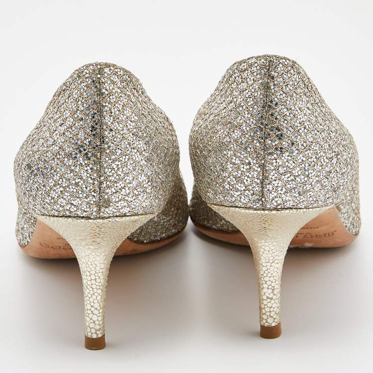 Pre Owned Jimmy Choo Gold Lurex Fabric Evelyn Open Toe Pumps Size 37.5