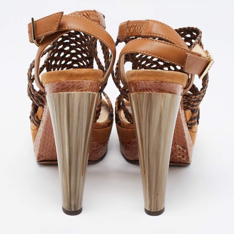 Pre Owned Jimmy Choo Beige/Black Leather and Canvas Ankle Strap Sandals Size 39