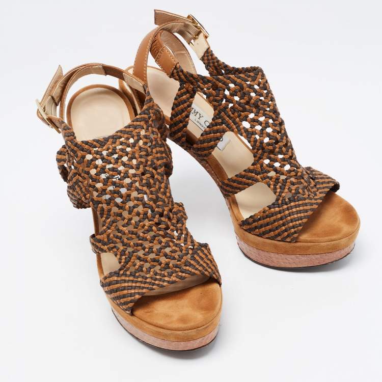 Pre Owned Jimmy Choo Beige/Black Leather and Canvas Ankle Strap Sandals Size 39