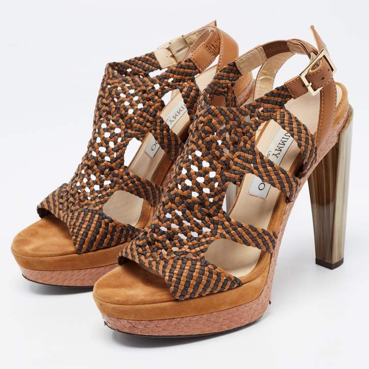 Pre Owned Jimmy Choo Beige/Black Leather and Canvas Ankle Strap Sandals Size 39