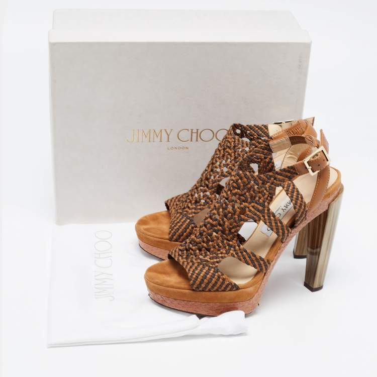 Pre Owned Jimmy Choo Beige/Black Leather and Canvas Ankle Strap Sandals Size 39