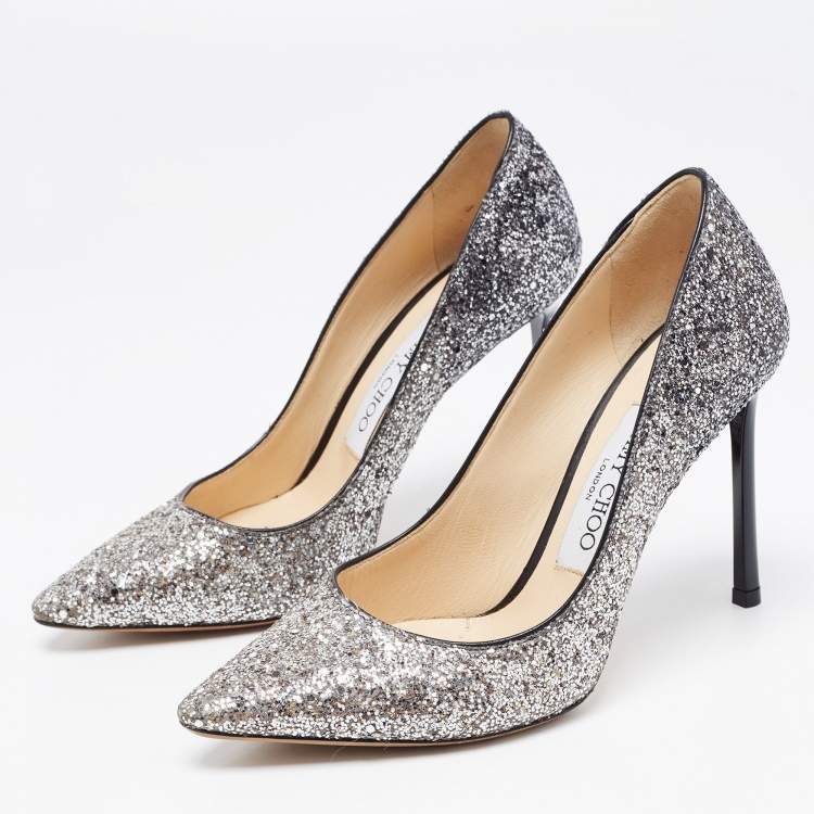 Pre Owned Jimmy Choo Silver Glitter Romy Pointed Toe Pumps Size 35
