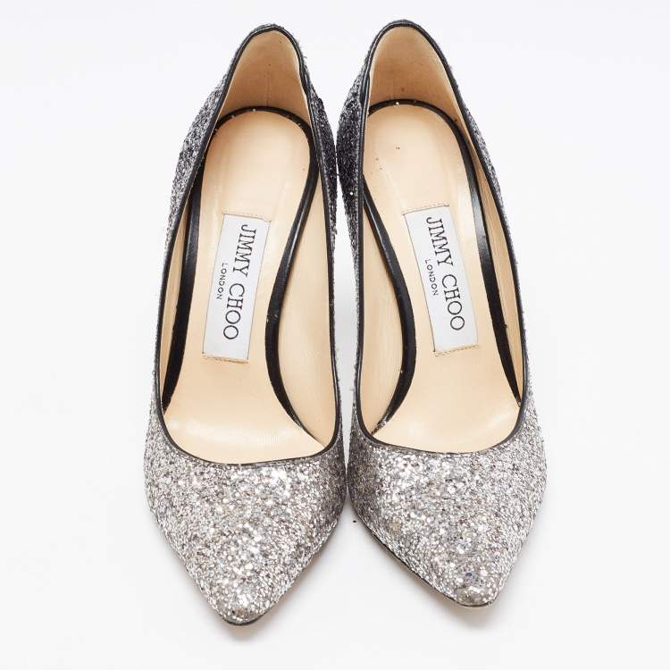Pre Owned Jimmy Choo Silver Glitter Romy Pointed Toe Pumps Size 35