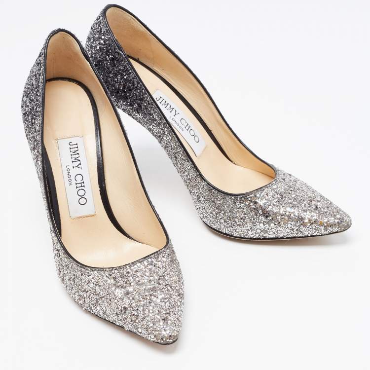 Pre Owned Jimmy Choo Silver Glitter Romy Pointed Toe Pumps Size 35