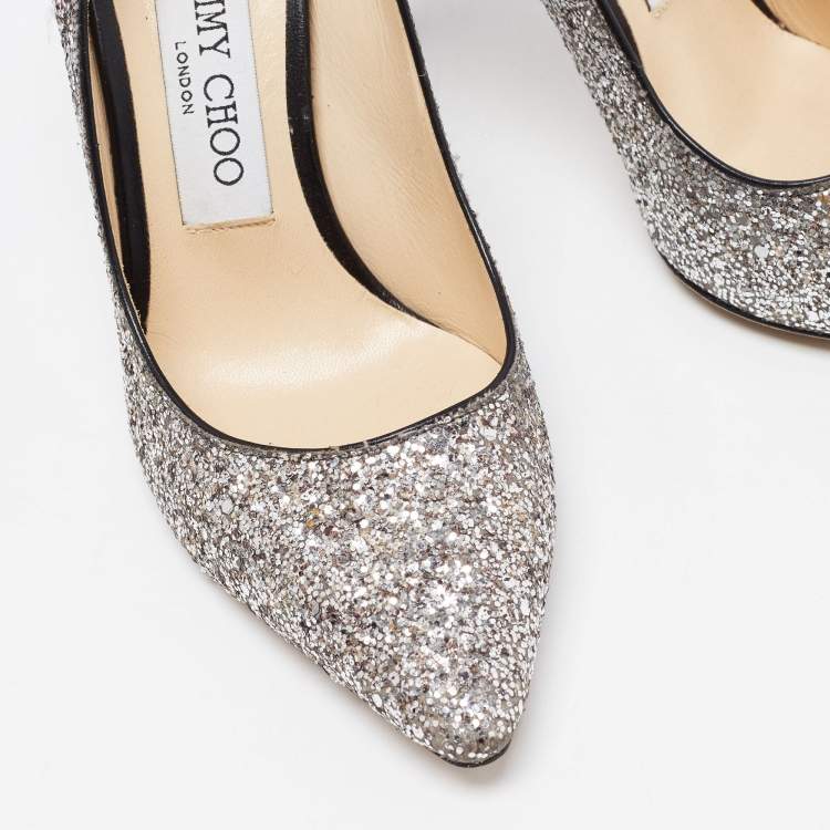 Pre Owned Jimmy Choo Silver Glitter Romy Pointed Toe Pumps Size 35