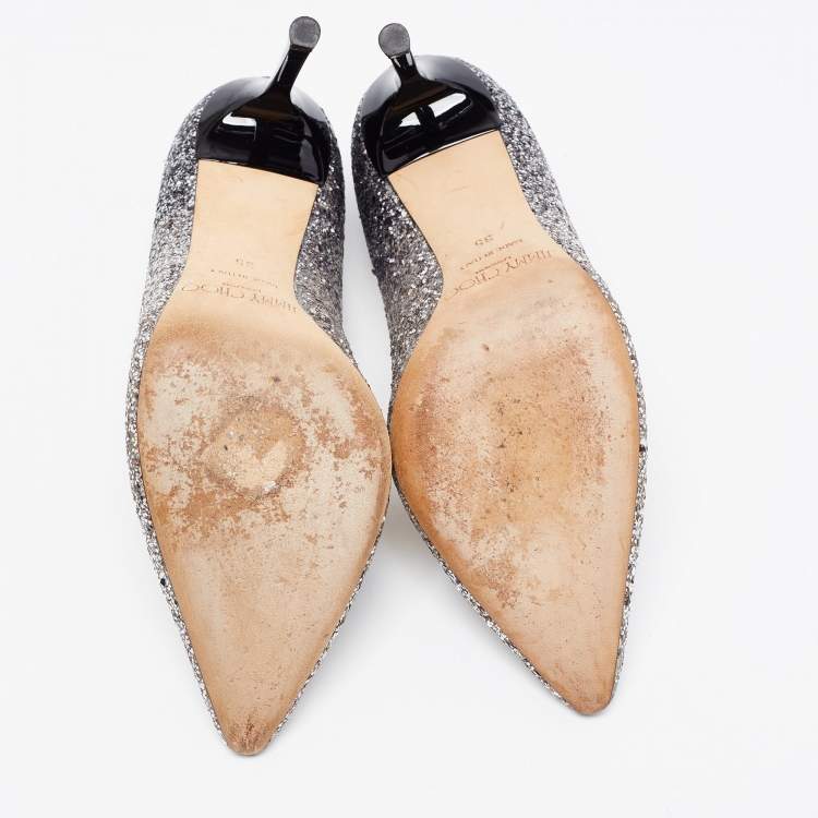 Pre Owned Jimmy Choo Silver Glitter Romy Pointed Toe Pumps Size 35