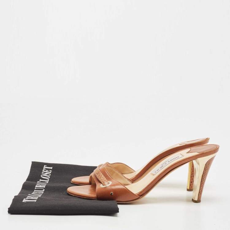 Pre Owned Jimmy Choo Brown Snakeskin Embossed, and Leather Slides Size 38.5 