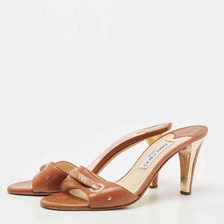 Pre Owned Jimmy Choo Brown Snakeskin Embossed, and Leather Slides Size 38.5 