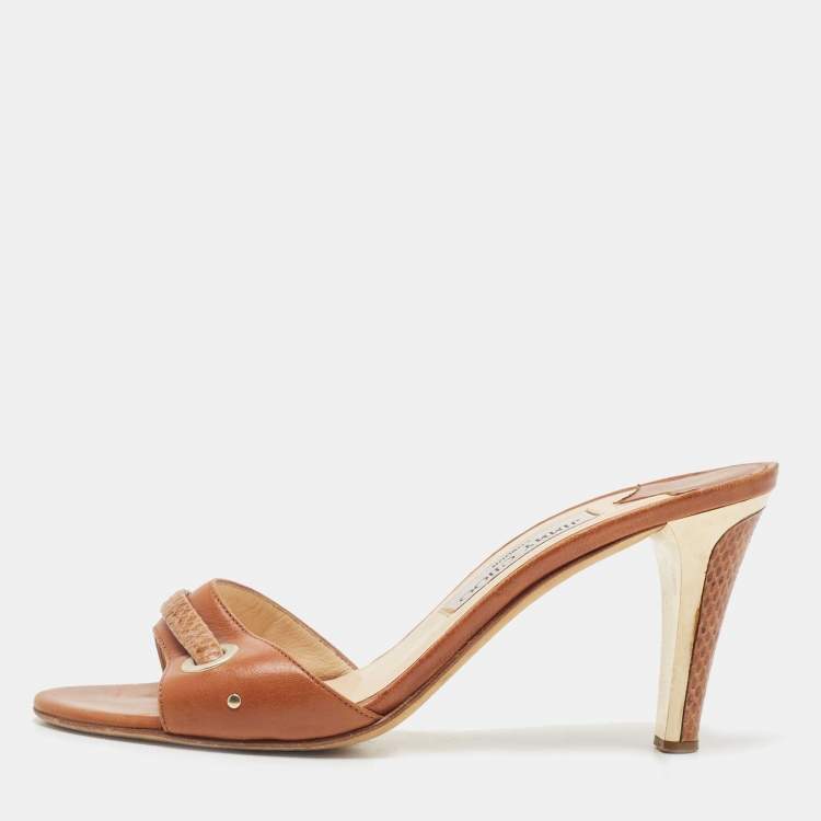 Pre Owned Jimmy Choo Brown Snakeskin Embossed, and Leather Slides Size 38.5 