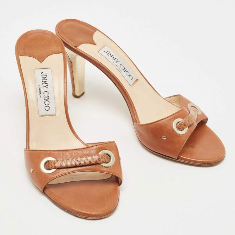 Pre Owned Jimmy Choo Brown Snakeskin Embossed, and Leather Slides Size 38.5 
