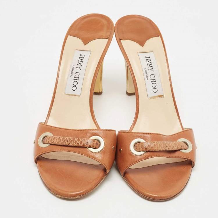 Pre Owned Jimmy Choo Brown Snakeskin Embossed, and Leather Slides Size 38.5 