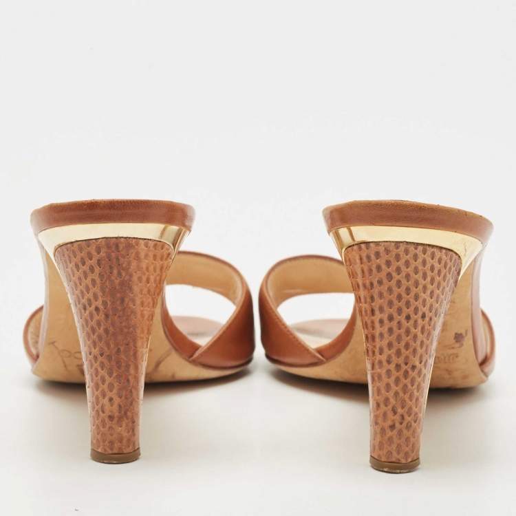 Pre Owned Jimmy Choo Brown Snakeskin Embossed, and Leather Slides Size 38.5 