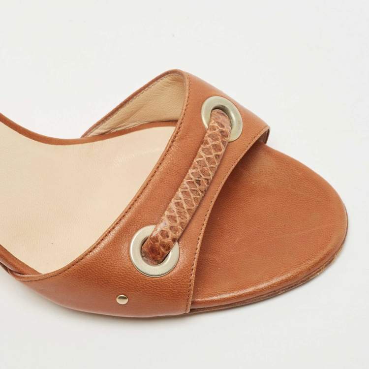 Pre Owned Jimmy Choo Brown Snakeskin Embossed, and Leather Slides Size 38.5 