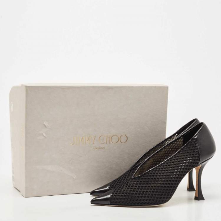 Pre Owned Jimmy Choo Black Leather and Mesh Nicole V Cut Pointed Toe Pumps Size 38