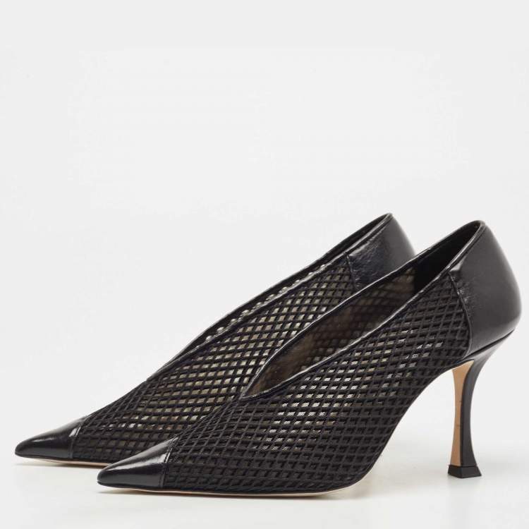Pre Owned Jimmy Choo Black Leather and Mesh Nicole V Cut Pointed Toe Pumps Size 38