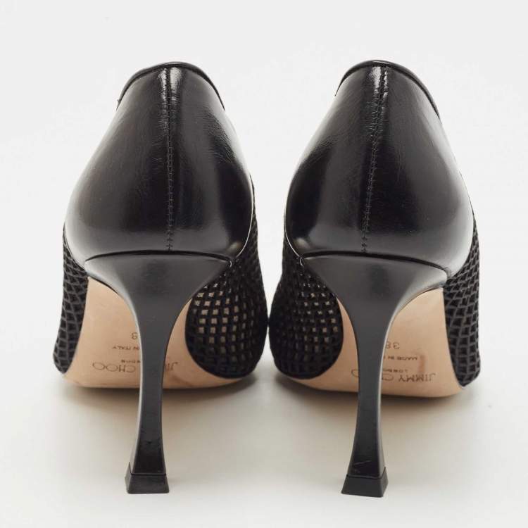 Pre Owned Jimmy Choo Black Leather and Mesh Nicole V Cut Pointed Toe Pumps Size 38