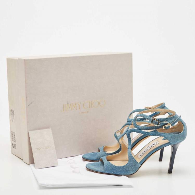 Pre Owned Jimmy Choo Blue Texture Suede Lang Ankle Strap Sandals Size 36.5