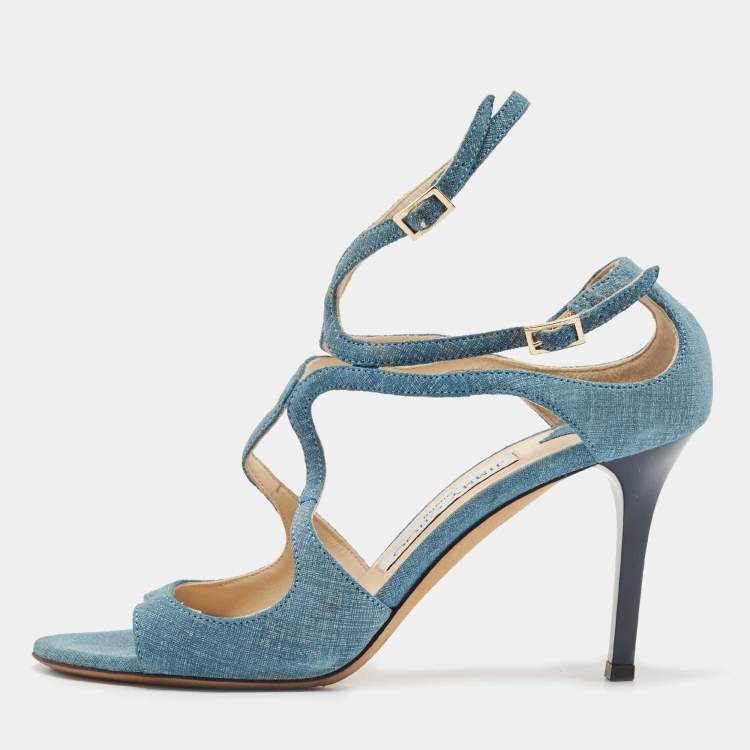 Pre Owned Jimmy Choo Blue Texture Suede Lang Ankle Strap Sandals Size 36.5