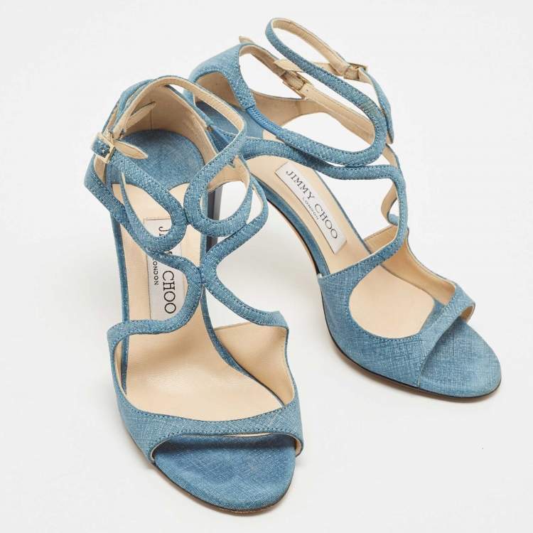 Pre Owned Jimmy Choo Blue Texture Suede Lang Ankle Strap Sandals Size 36.5