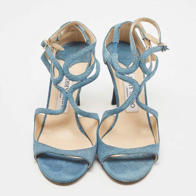 Pre Owned Jimmy Choo Blue Texture Suede Lang Ankle Strap Sandals Size 36.5
