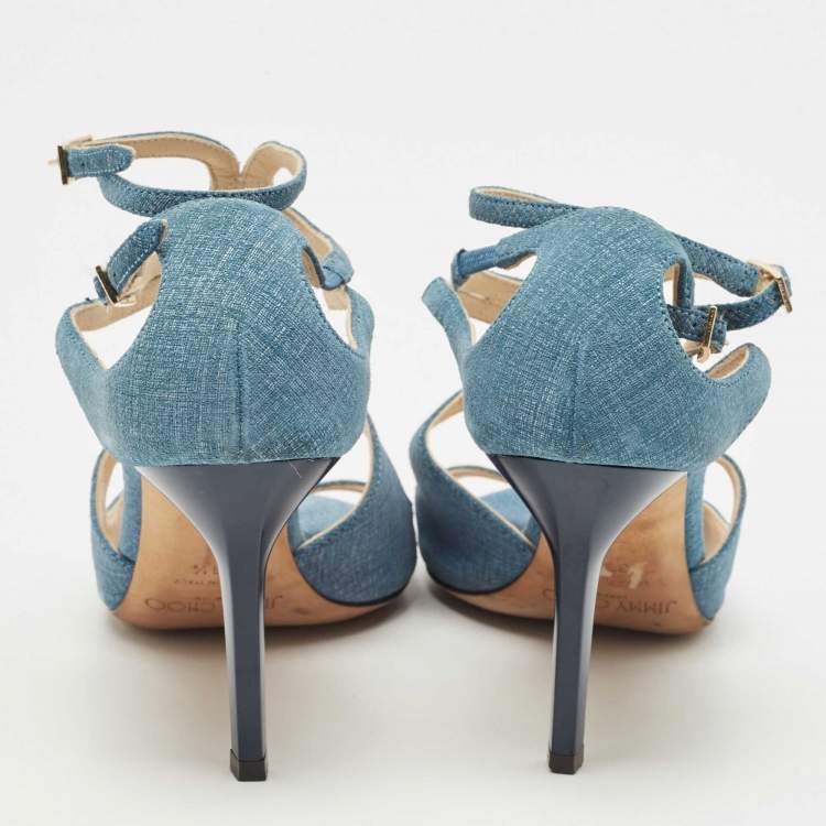 Pre Owned Jimmy Choo Blue Texture Suede Lang Ankle Strap Sandals Size 36.5
