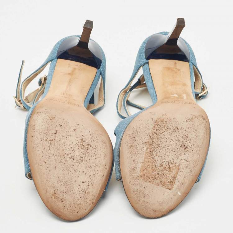 Pre Owned Jimmy Choo Blue Texture Suede Lang Ankle Strap Sandals Size 36.5