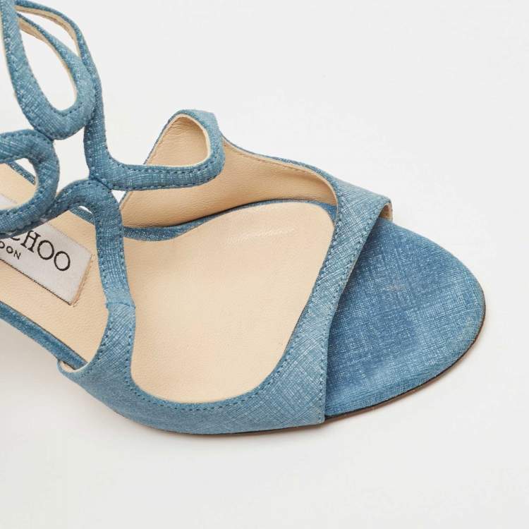 Pre Owned Jimmy Choo Blue Texture Suede Lang Ankle Strap Sandals Size 36.5