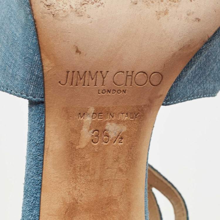 Pre Owned Jimmy Choo Blue Texture Suede Lang Ankle Strap Sandals Size 36.5