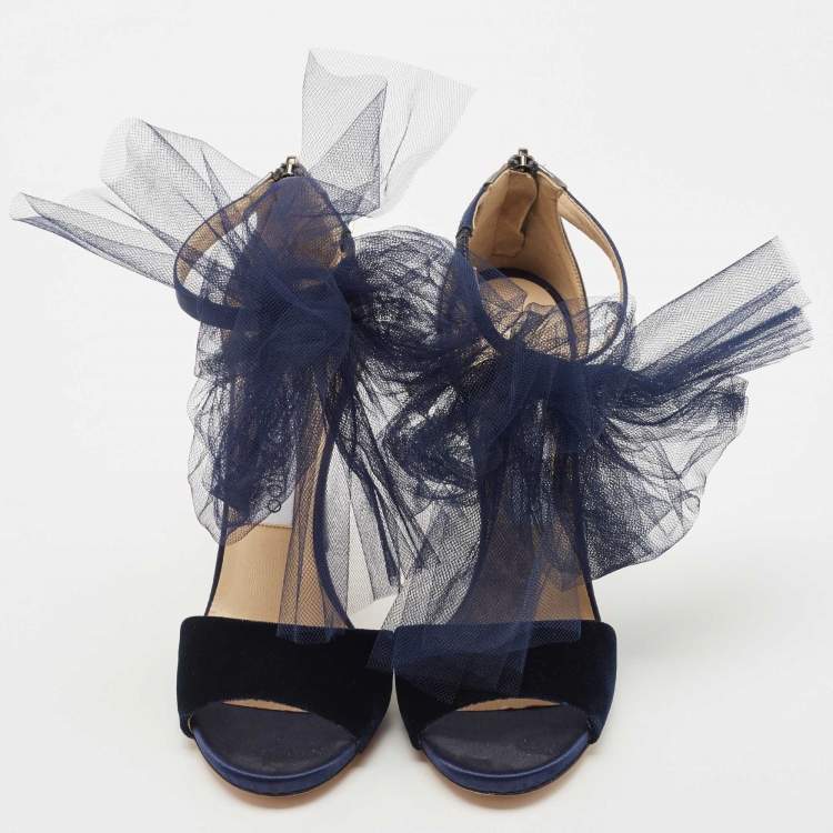 Pre Owned Jimmy Choo Navy Blue/Grey Velvet and Leather Lilyth Bow Ankle Strap Sandals Size 37.5